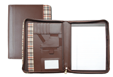 brown bonded leather zippered padfolio with plaid fabric trim