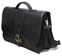 black leather flapover brief bag with buckled strap