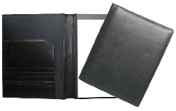 inside and outside views of black leather padfolio