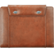 brown leather tri-fold padfolio with twist lock closure