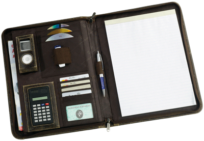 inside view of brown distressed leather ziparound padfolio