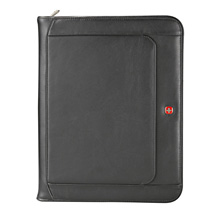 outside front view of black leather zippered padfolio
