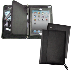 black leather multi-purpose iPad fold with elastic accessory straps