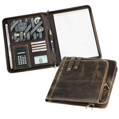 interior of distressed leather padfolio with accessory elastic straps