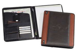 rust and black nylon and leather padfolios