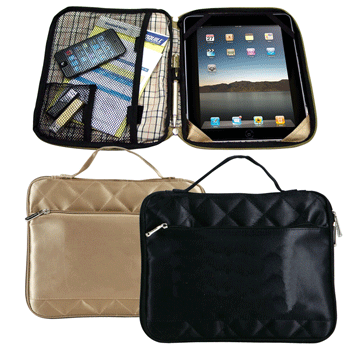 black and gold quilted satin iPad cases with carrying straps
