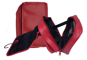 red leather hanging toiletries bag with mesh compartments