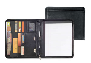 pebble grain leather zippered padfolio with numerous interior pockets