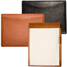 black and tan pebble grain leather writing tablets with document pockets