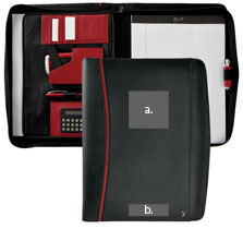 imprint views for personalization (b) and customized die (a) of two tone zippered leather padfolio