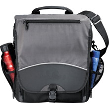 vertical computer messenger bag showing accessory pockets