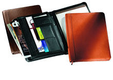 inside and outside views of ziparound leather padfolios, shown in black, brown and tan