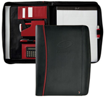 black and red zippered leather padfolio