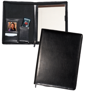 black leather zippered portfolio with magnetic photo holder