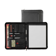 inside and outside views of black leather zippered padfolio
