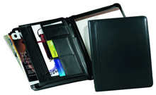 inside and outside views of ziparound leather padfolios, in black