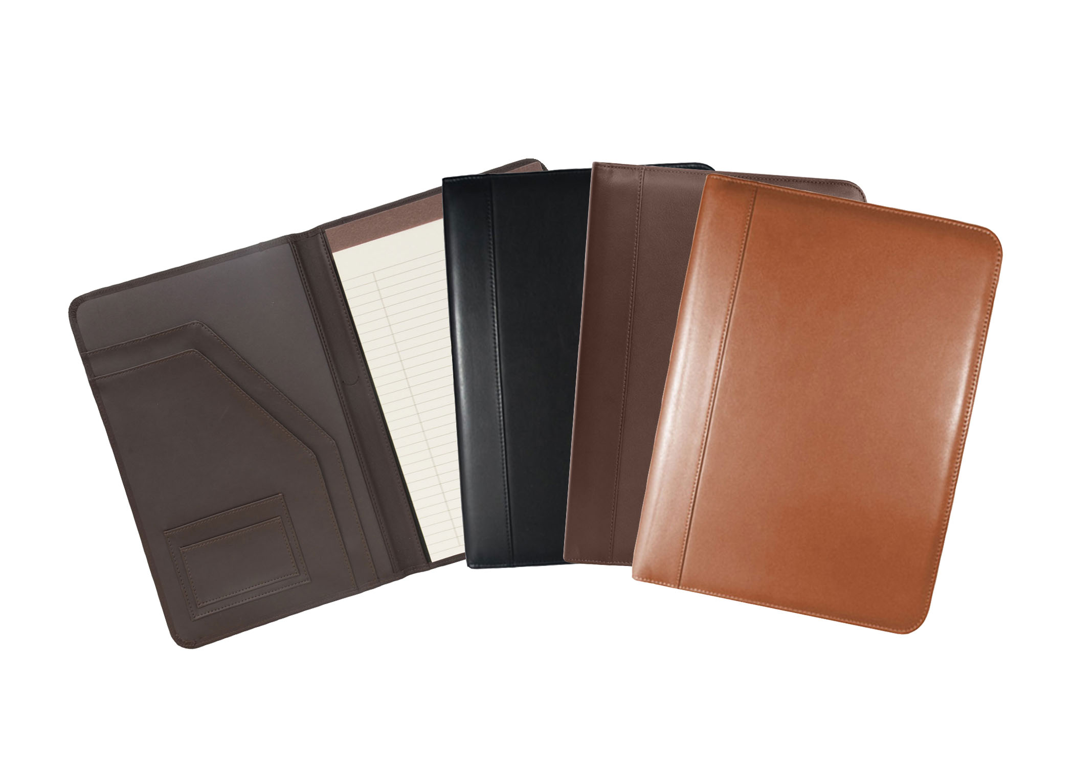 an assortment of leather padfolios in traditional and fashion colors