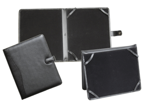 black leather iPad case with tab closure
