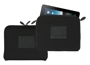 black neoprene iPad cover with zippered closure